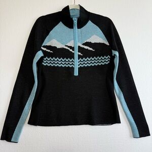 Icelandic Design 100% Merino Wool Sweater Women M Half Zip Black Blue Mountain
